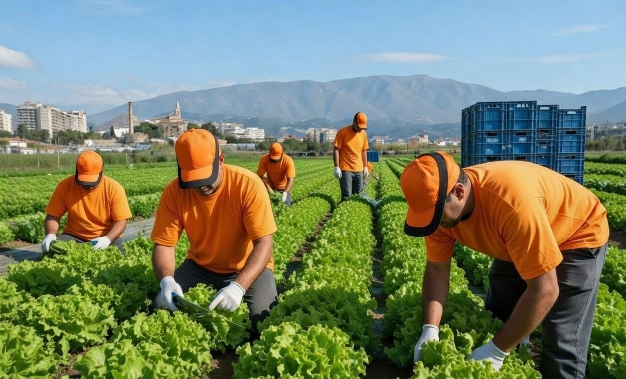 Trabajadores temporales en campo agrícola recolectando